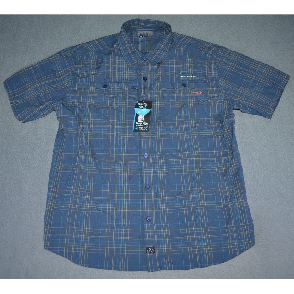 Salt Life SLX Short Sleeve Shirt XL Plaid Fishing Vented Stretch UPF 30 Nylon